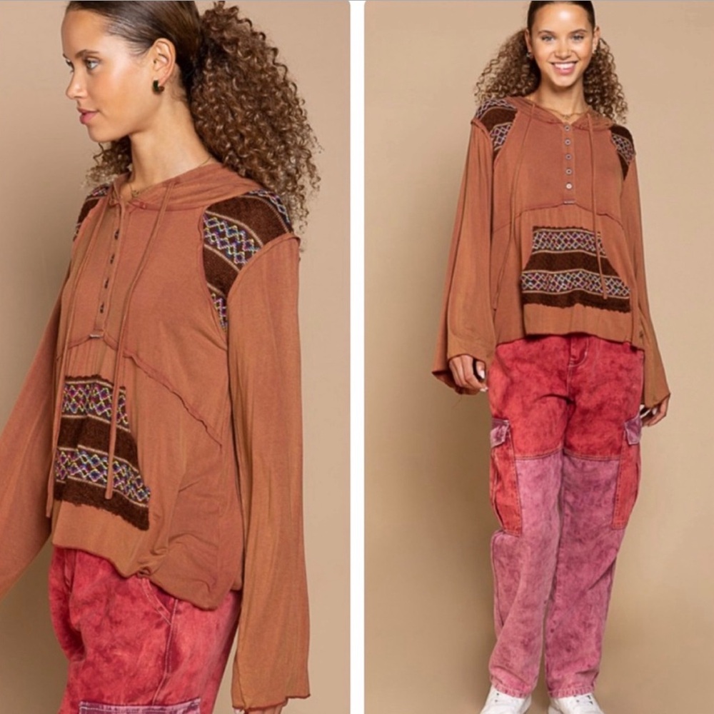 NEW POL Mixed Fabric Long Sleeve Hoodie